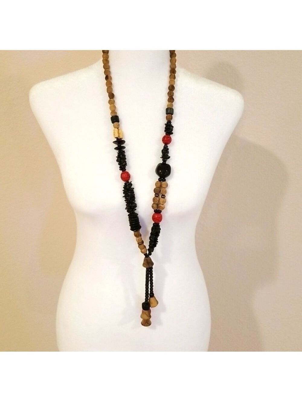 Handmade Long Necklace Mixed Beads Beige Black Red, Bohemian Look.